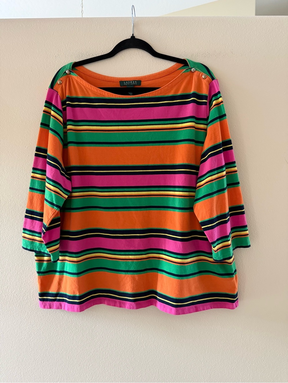 Ralph Lauren Orange, Green & Pink Striped Boatneck Top 3/4 Sleeve